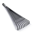 A handheld garden rake with a black plastic head featuring curved tines and an ergonomic long handle.