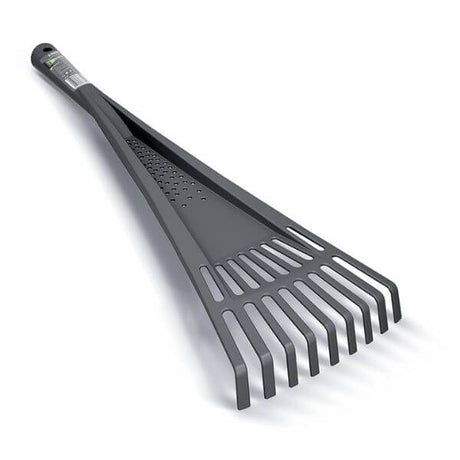 A handheld garden rake with a black plastic head featuring curved tines and an ergonomic long handle.