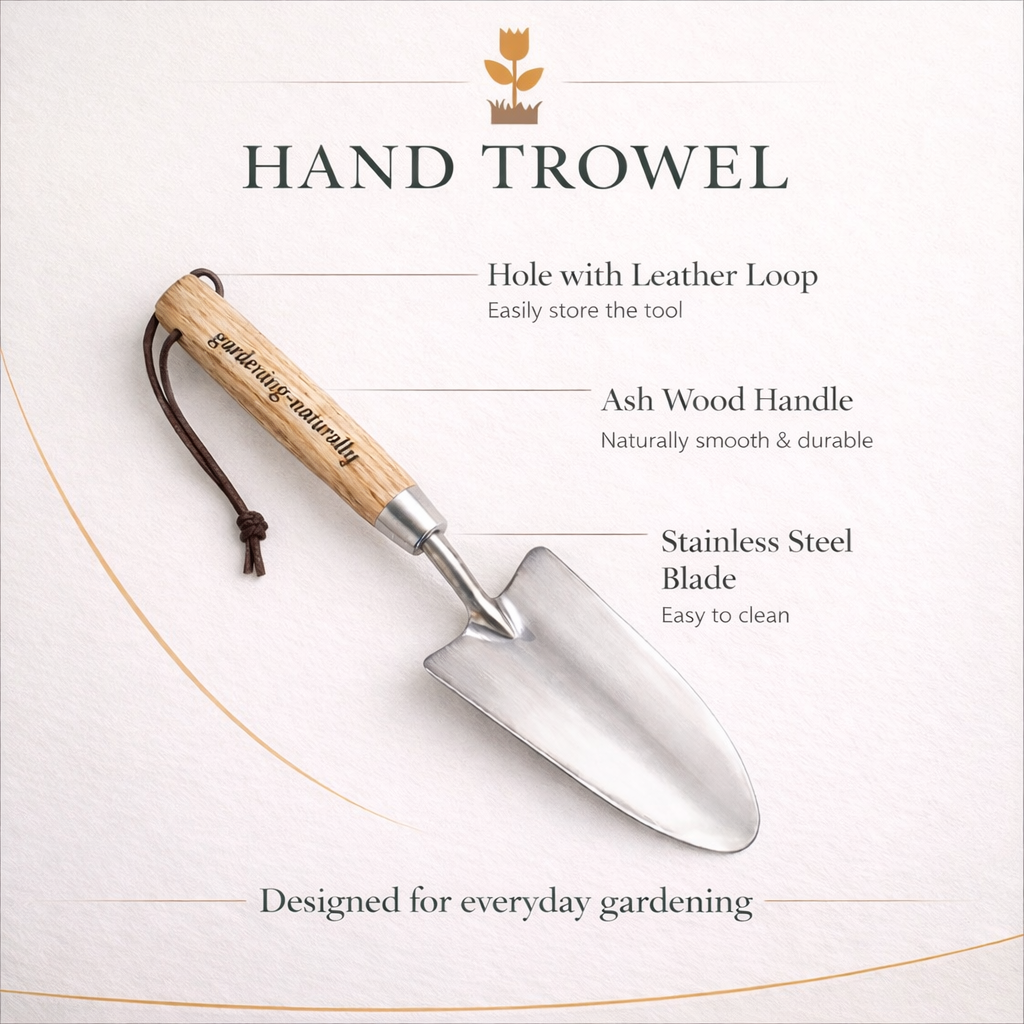 Hand trowel with wooden handle and leather loop on a white background