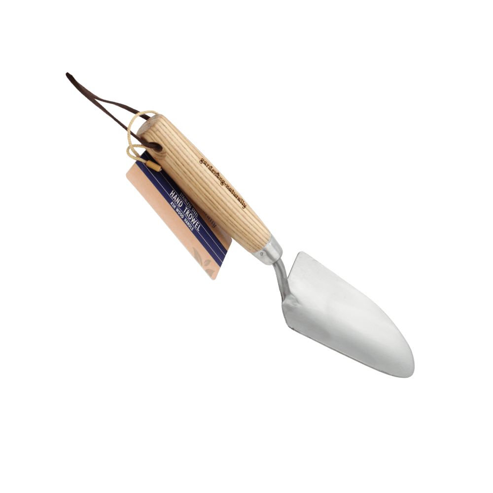 Gardening trowel with wooden handle on a white background