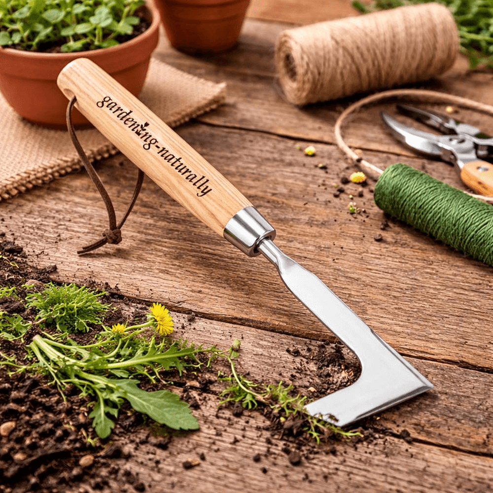 Gardening tool with wooden handle labeled 'Gardening Naturally' on a wooden surface with plants and tools.