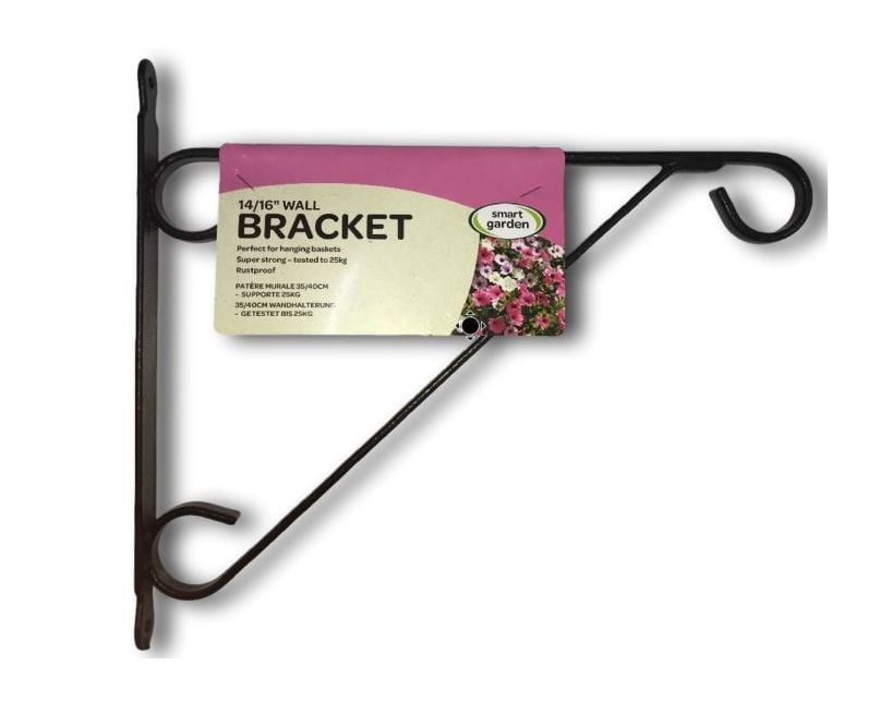 A black metal wall bracket for hanging baskets