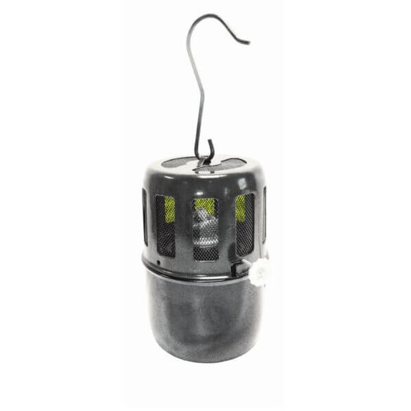 A gray hanging paraffin heater with a visible wick and hanging hook.