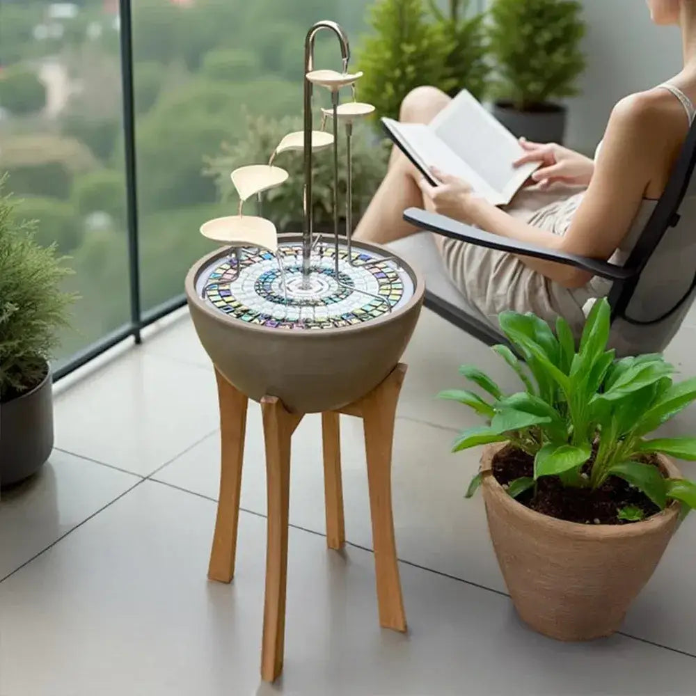 wooden stand with cascade hydria leaf fountain and a plant pot and a lady reading