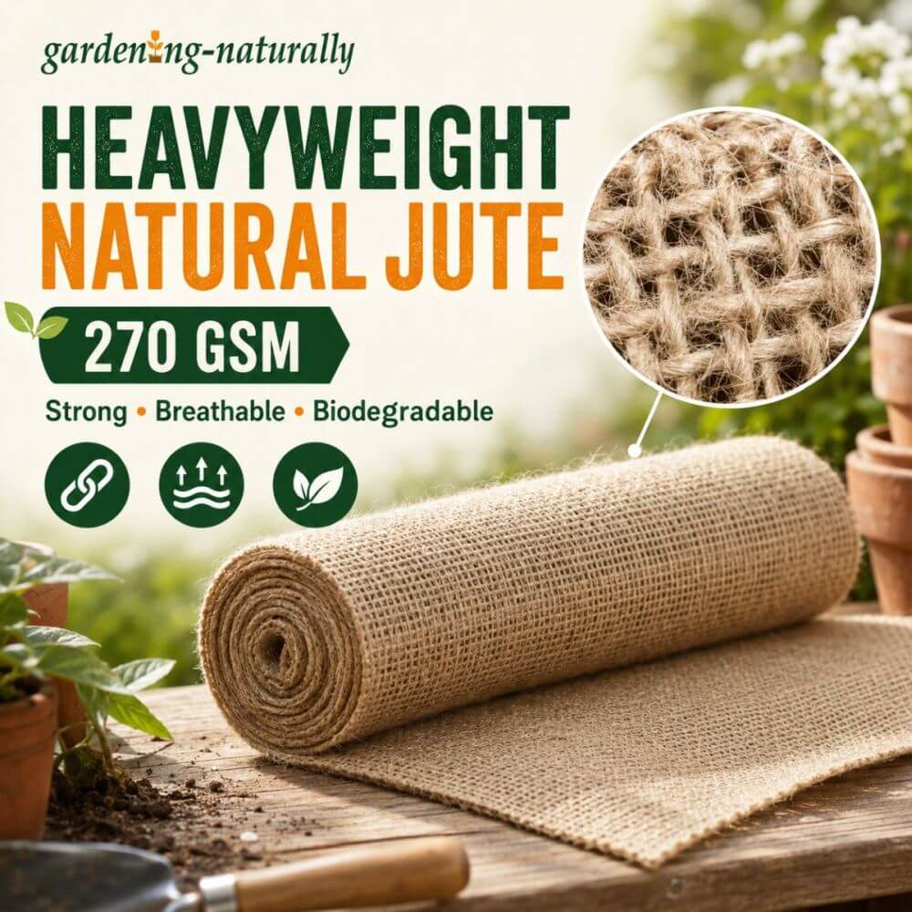 A roll of natural jute garden mat displayed on a wooden surface with a matching flat sheet spread out.