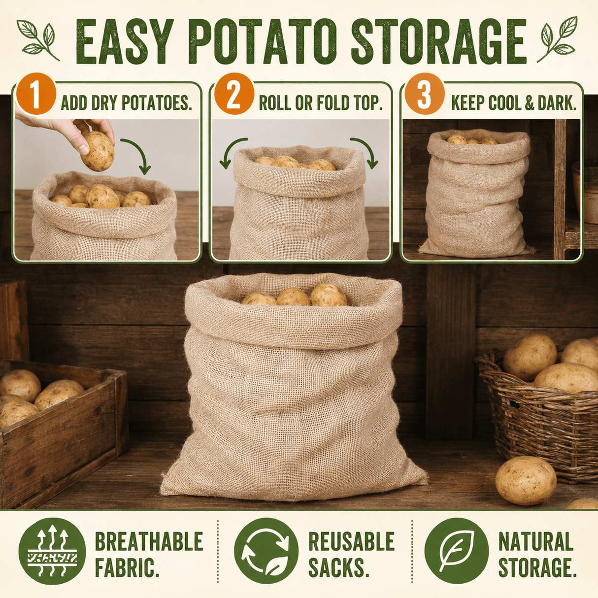Promotional graphic for easy potato storage showing burlap storage sacks filled with potatoes on a rustic wooden shelf, with three step panels at the top and feature icons at the bottom.