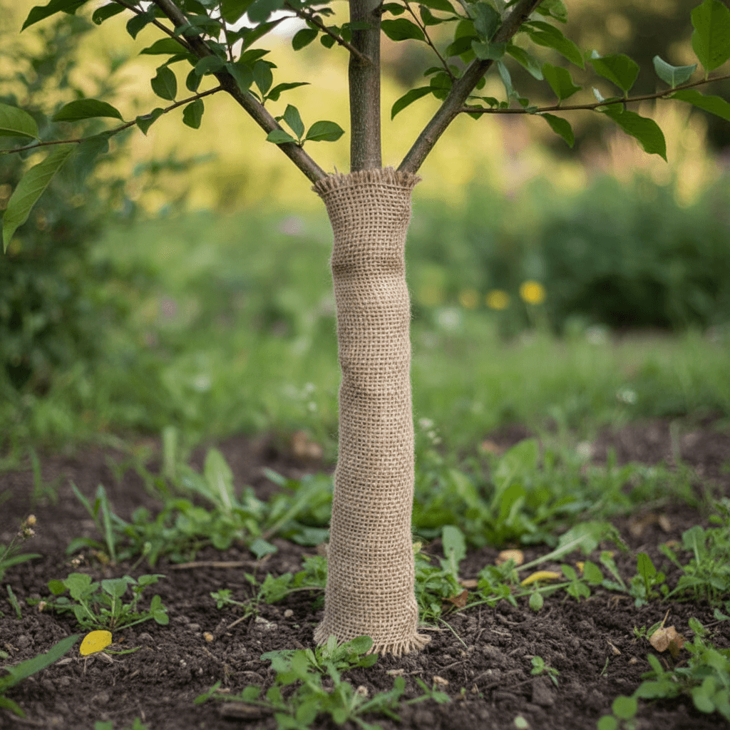hessian wrapped around young tree