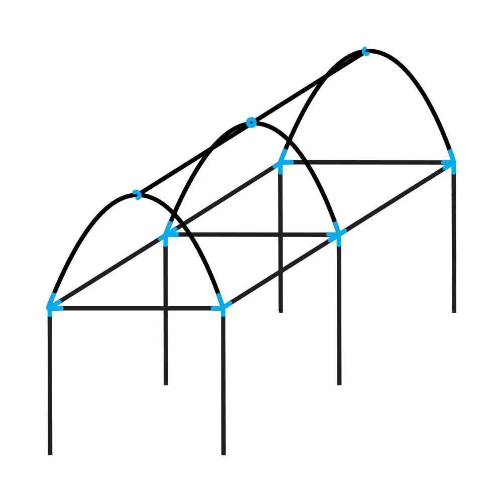 A black aluminum high top domed walk-in fruit or vegetable cage with blue accents on the corners.