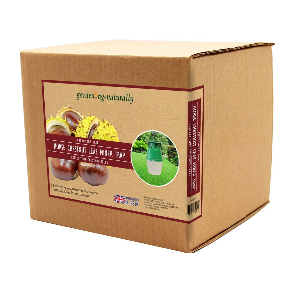 A brown cardboard box for a garden.ng-naturally Horse Chestnut Leaf Miner Trap, showing the front and side labels on a white background.