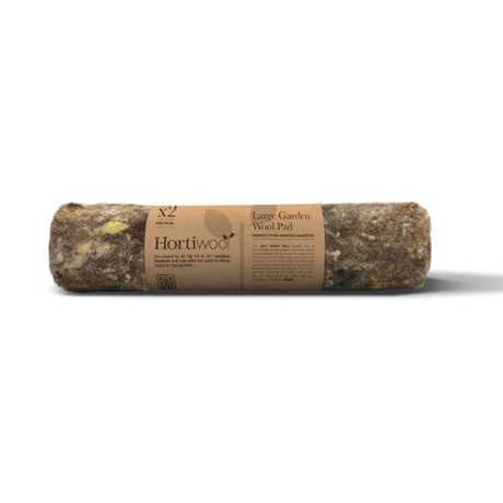 A rolled up Hortiwool hanging basket liner made of natural wool, with packaging that includes the brand name and product details.
