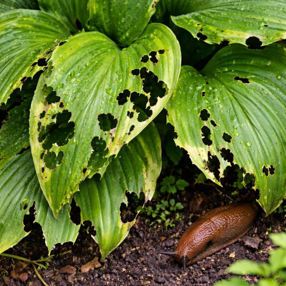Slug damage to a hosta plant with slug on soil