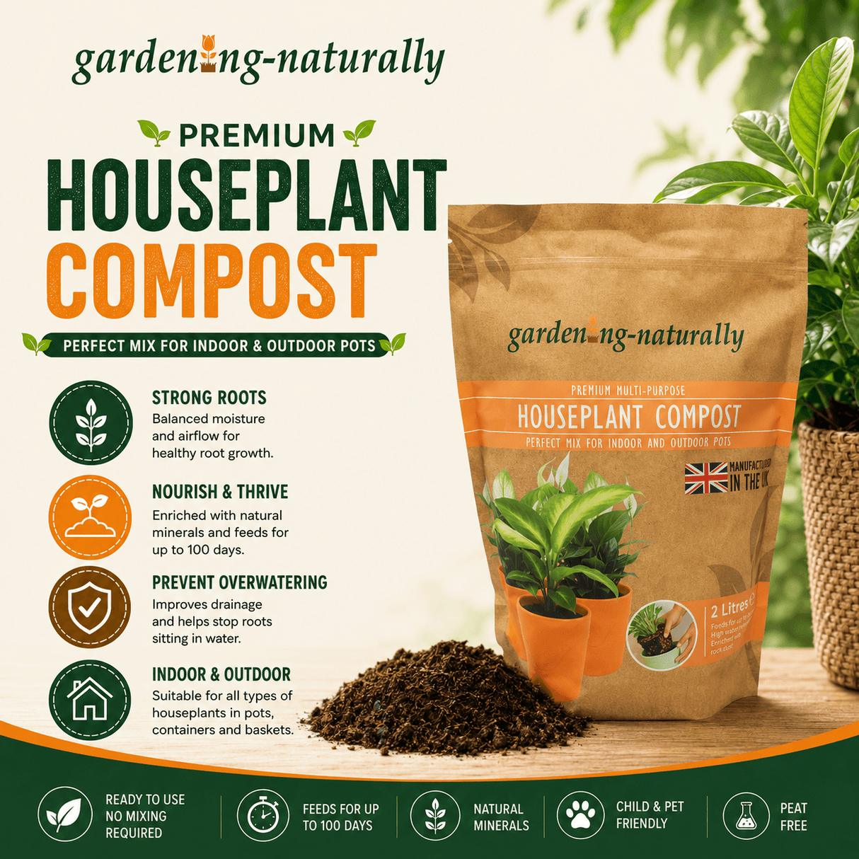 Bag of gardening-naturally houseplant compost with product details on a wooden surface.
