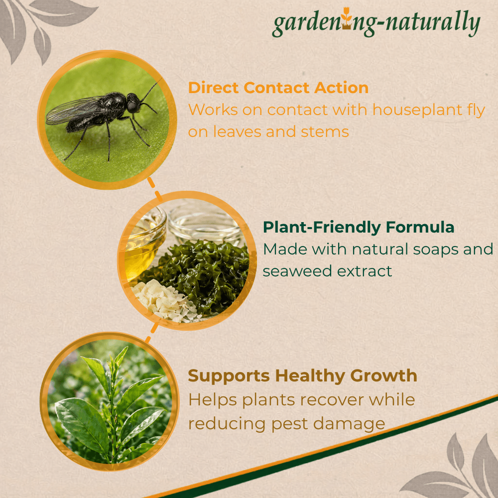 Gardening Naturally product description with images of a fly, plant leaves, and natural ingredients on a beige background.