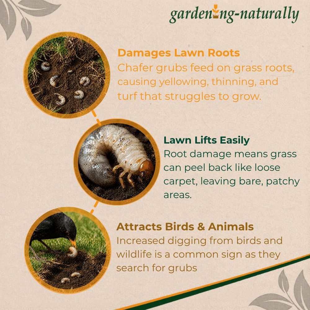 Infographic about lawn damage caused by chafer grubs with text and images on a beige background.