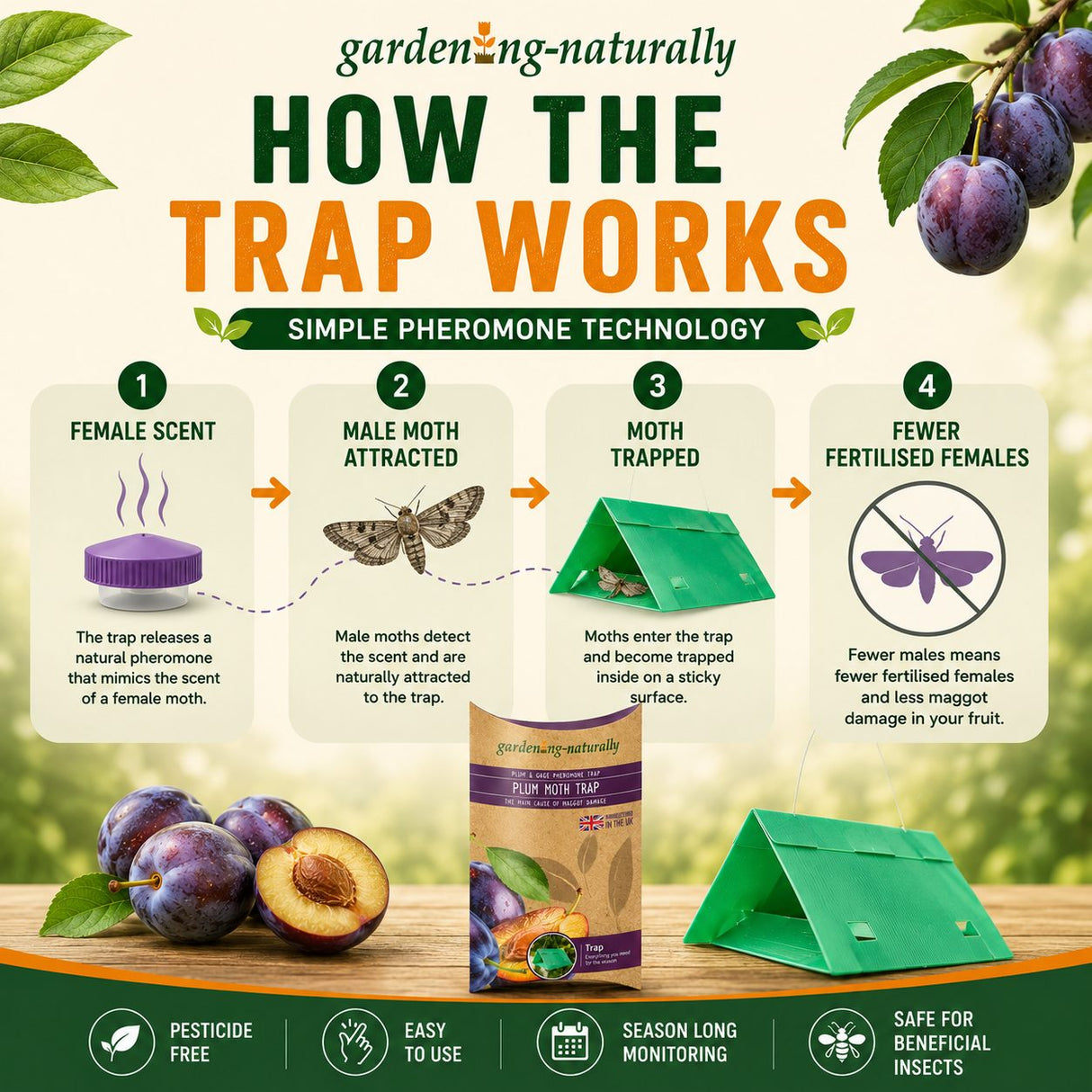 Gardening Naturally plum moth trap infographic with plum fruits and trap on a wooden surface.