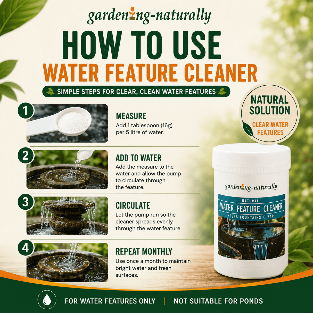 Instructions on how to use water feature cleaner with a product image and branding.