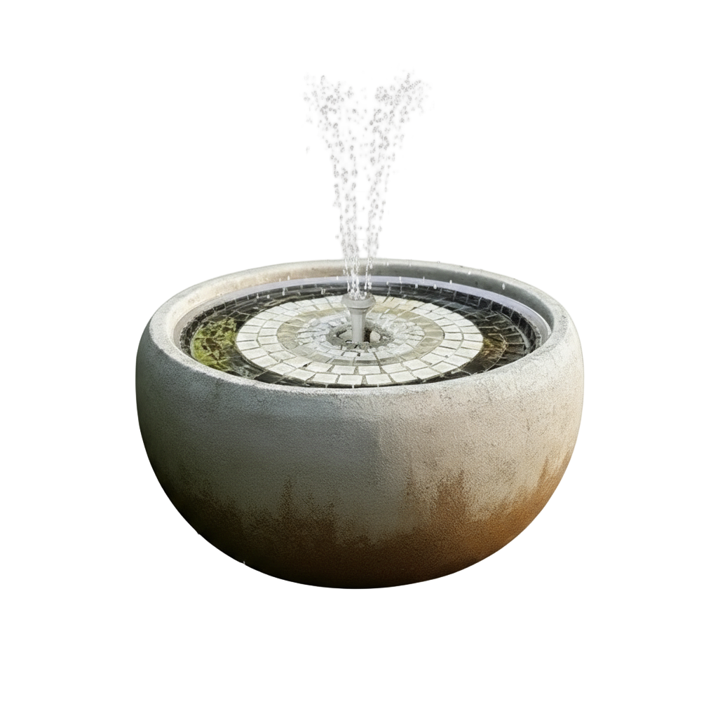 Decorative water fountain with circular mosaic design