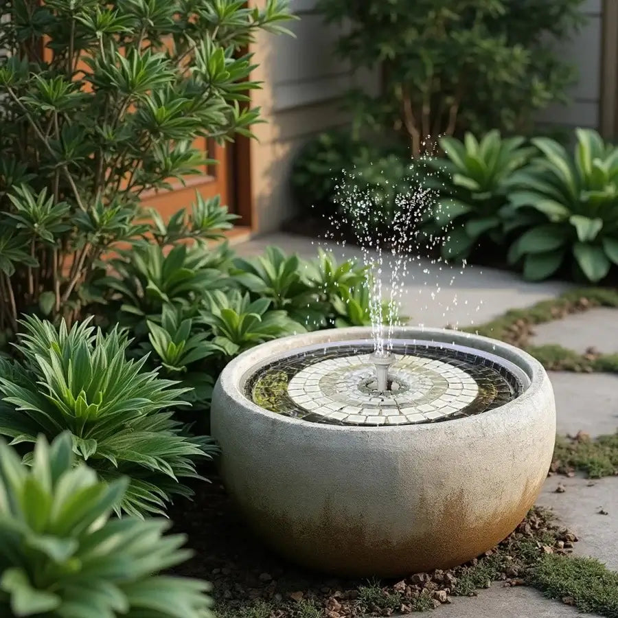 Concrete water fountain with mosaic design in a garden setting
