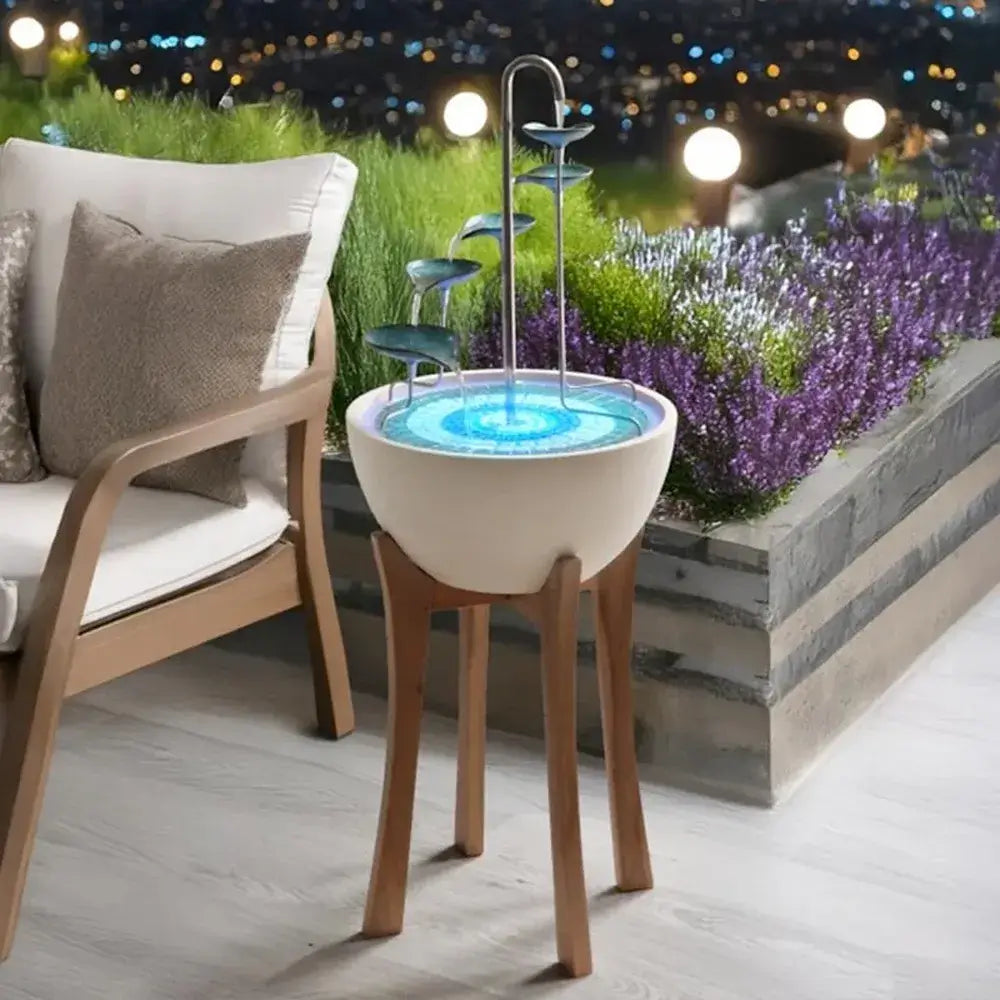 Wooden Stand for hydria water fountain on a decking at night