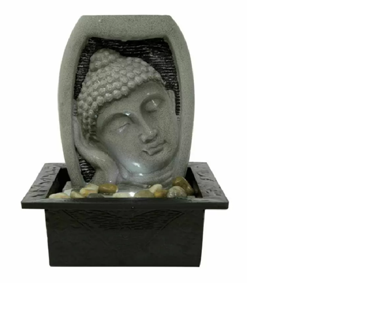 An indoor water feature depicting the head of a Buddha in a grey color, with water flowing around its base and an LED light positioned to illuminate the figure.