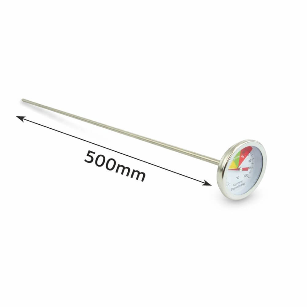 Bimetallic thermometer with a long probe and measurement label on a white background