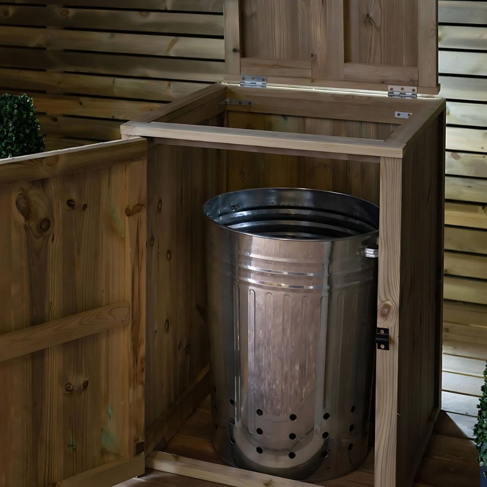open bin storage from right side with lid open showing silver bin