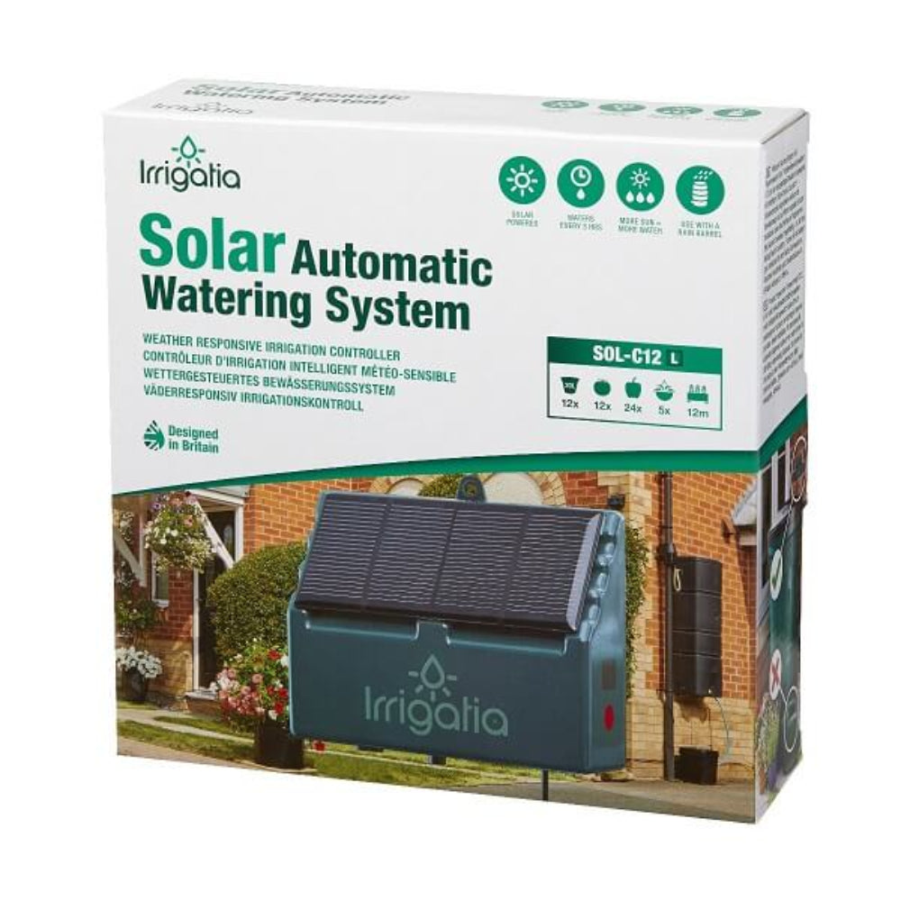 Packaging box of Irrigatia Solar Automatic Watering System featuring the product with a solar panel on top and some information on the label.