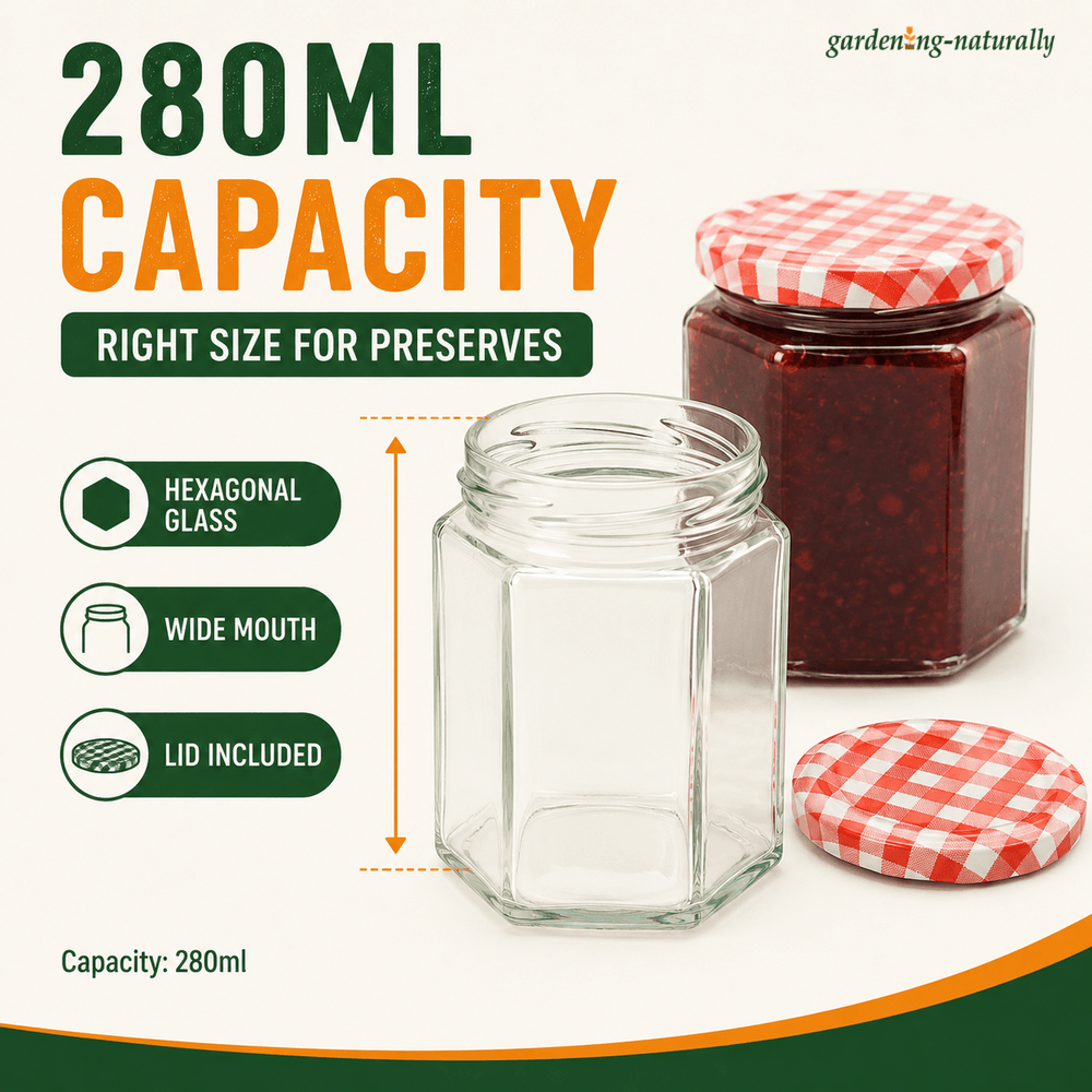 A clear glass hexagonal jar with a red-and-white gingham lid, shown alongside a filled preserve jar and a separate lid on a light beige background with promotional text reading 280ML capacity and feature callouts.