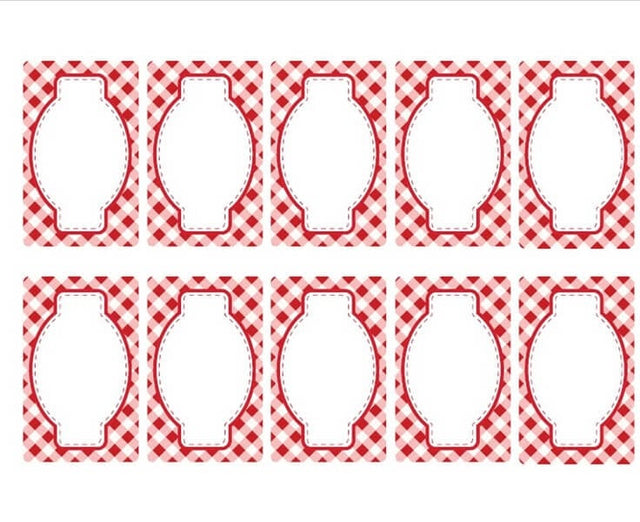 A set of red and white gingham style jam jar labels.