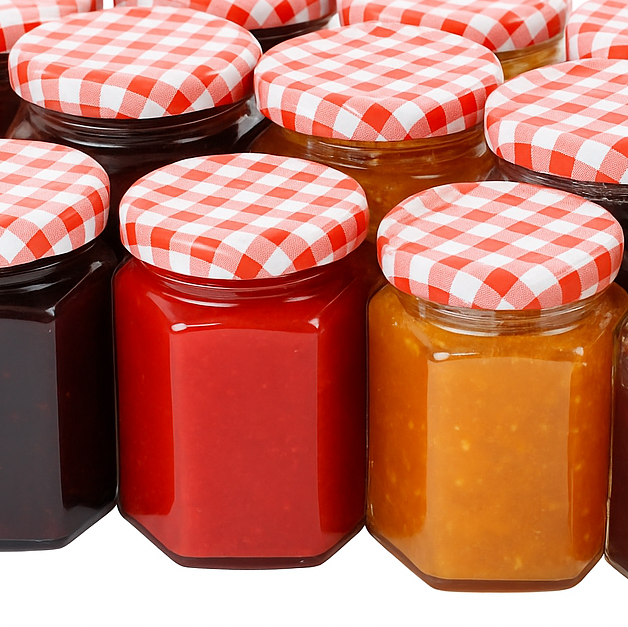 Jars of jam with red and white checkered lids on a white background