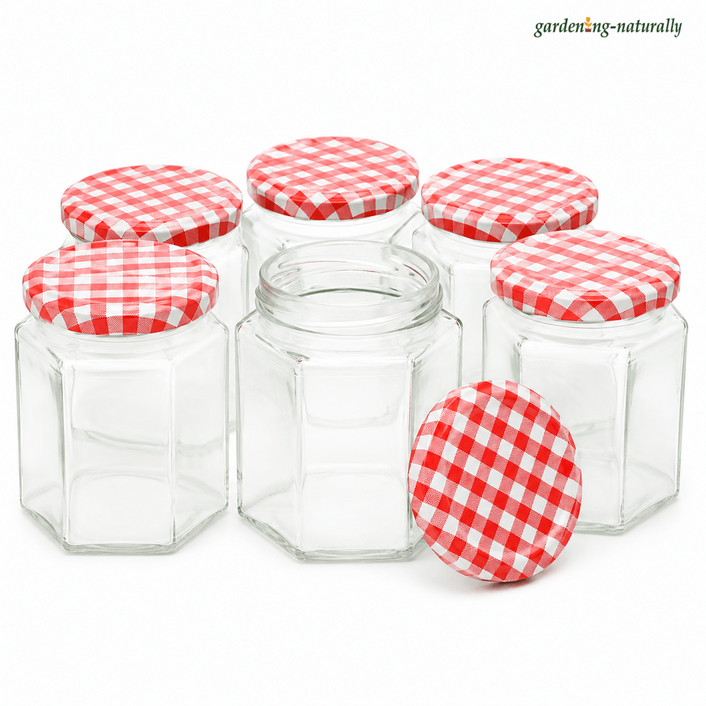 Six clear glass hexagonal jars with red and white gingham patterned lids, arranged on a white background. One jar is open in the center, and one lid is placed in front.