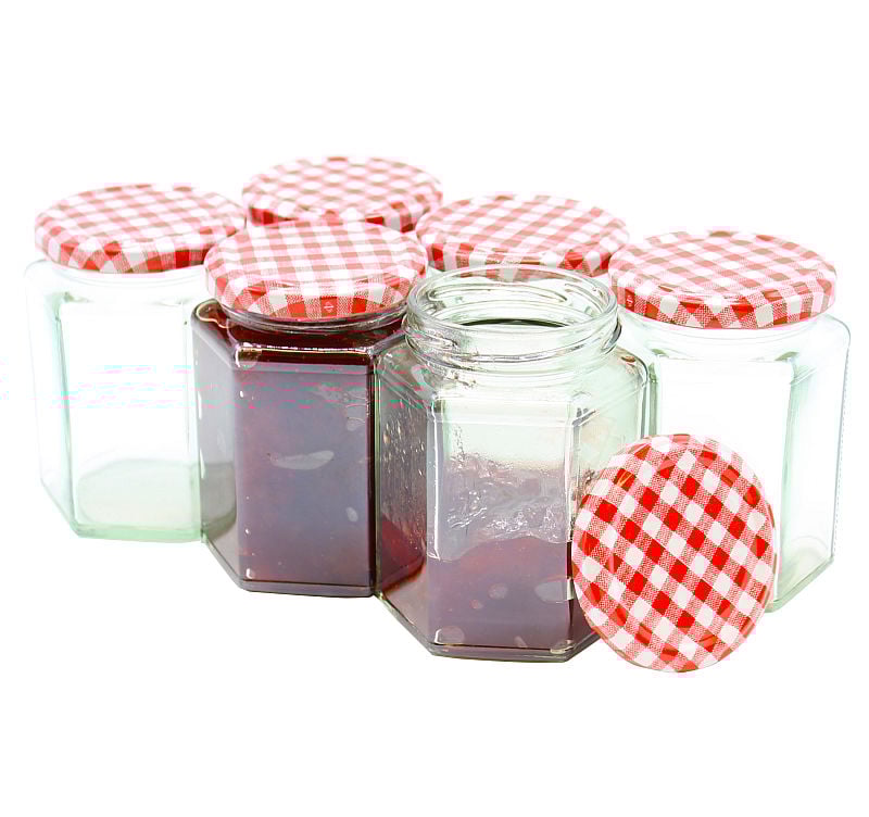 Gingham jam jars in red and white