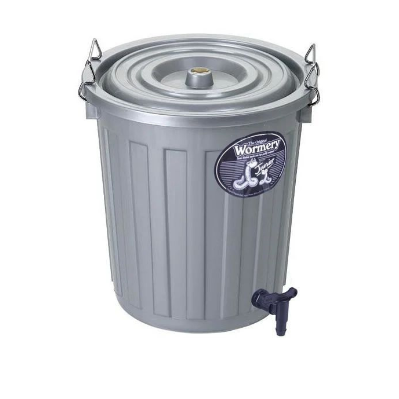 A silver-colored Junior Wormery compost bin with a lid and a tap, designed for vermicomposting kitchen waste.