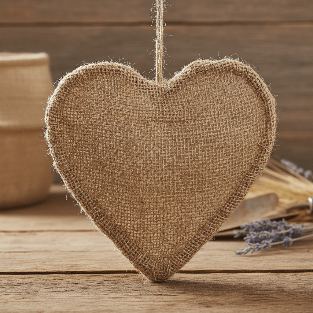 Heart-shaped burlap ornament hanging on a wooden surface with lavender and a woven basket.