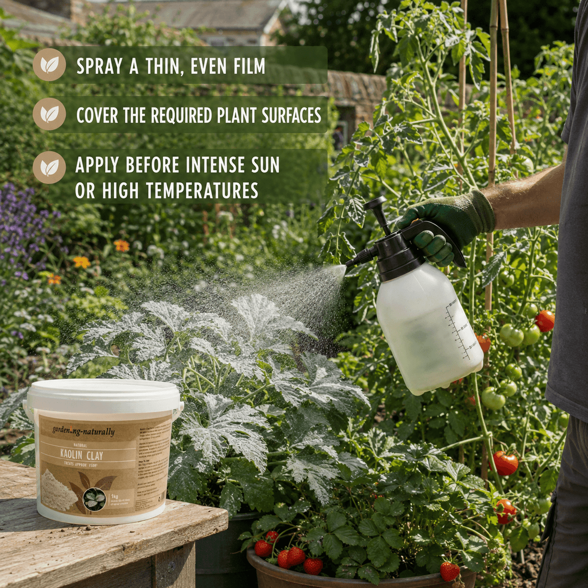 A person in a garden sprays plant leaves with a white pressure sprayer while a tub of Garden Naturally kaolin clay