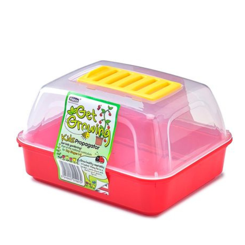 A red children's propagator with a clear lid and yellow details, designed for gardening.