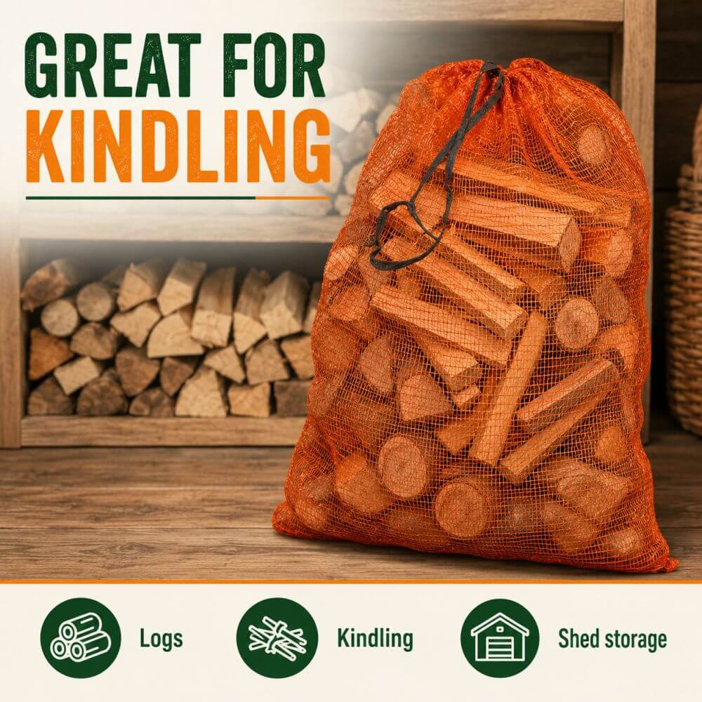 An orange mesh drawstring bag filled with firewood logs and round wood pieces, shown on a wooden surface with a stacked firewood background. Large text reads 'GREAT FOR KINDLING,' and icons at the bottom mention logs, kindling, and shed storage.