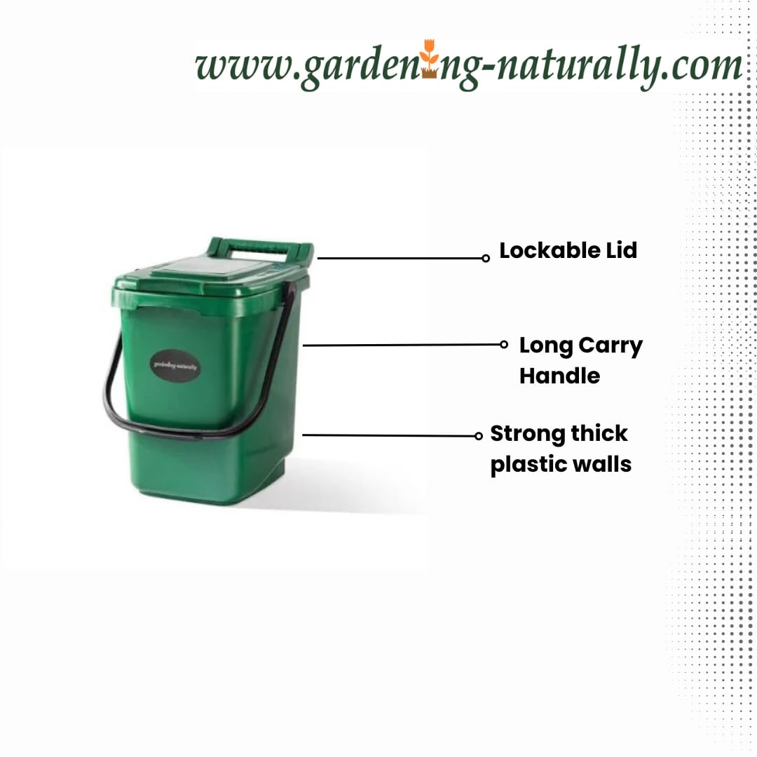 Green gardening container with features labeled on a white background