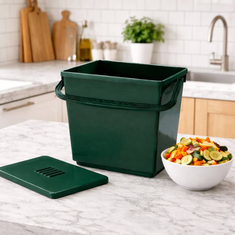 Green compost bin on a kitchen counter with a bowl of food scraps.