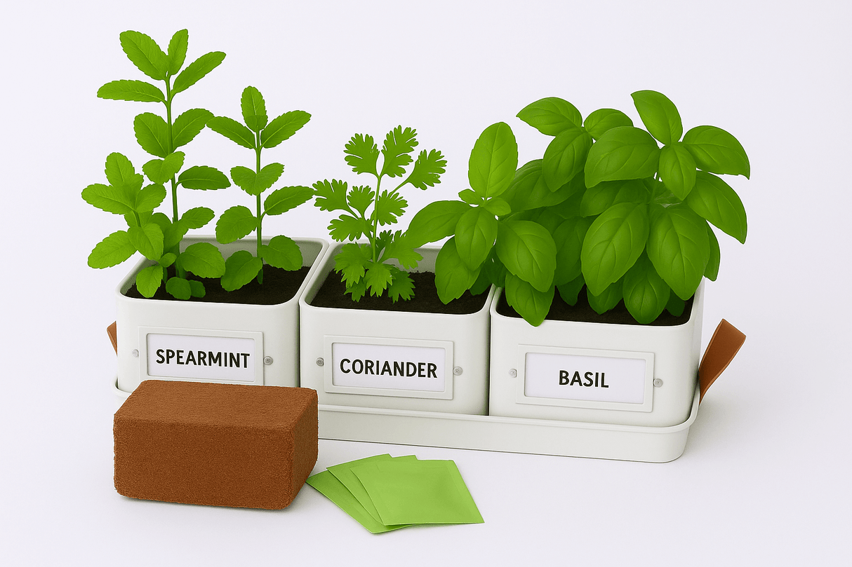 grey herb pots with tray and coir and seed packets