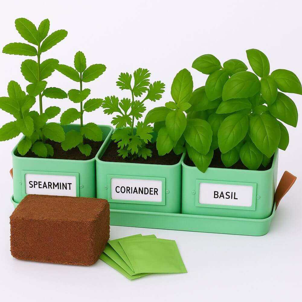 kitchen herb pots with coir and seeds