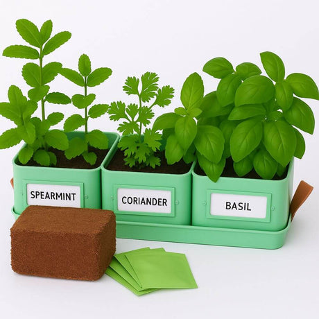 kitchen herb pots with coir and seeds