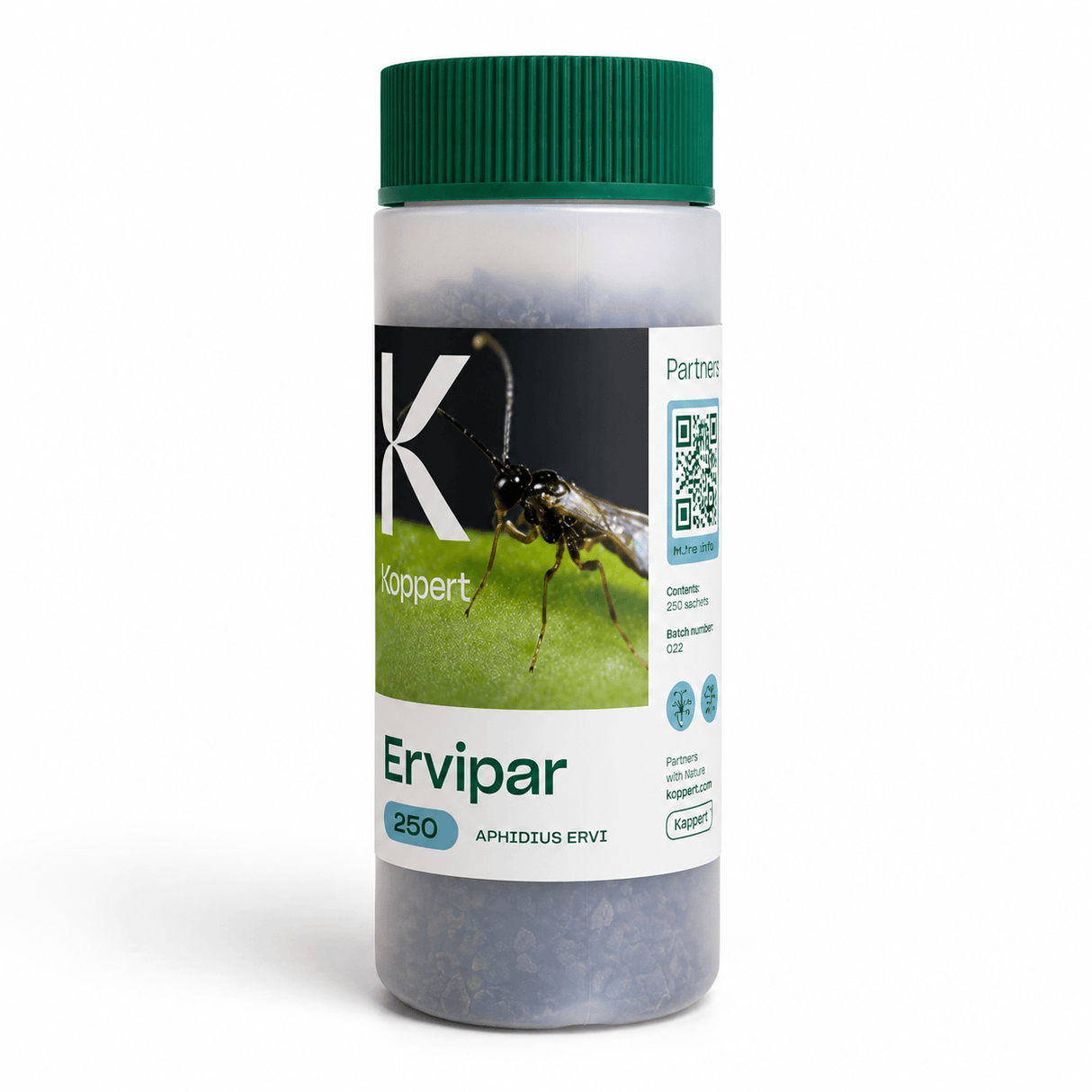 Koppert Ervipar insecticide container with green lid on a white background