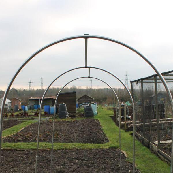Top half of garden hoop fruit or vegetable cage in allotment