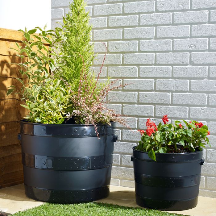 2 black tubs of flowers in garden against a wall