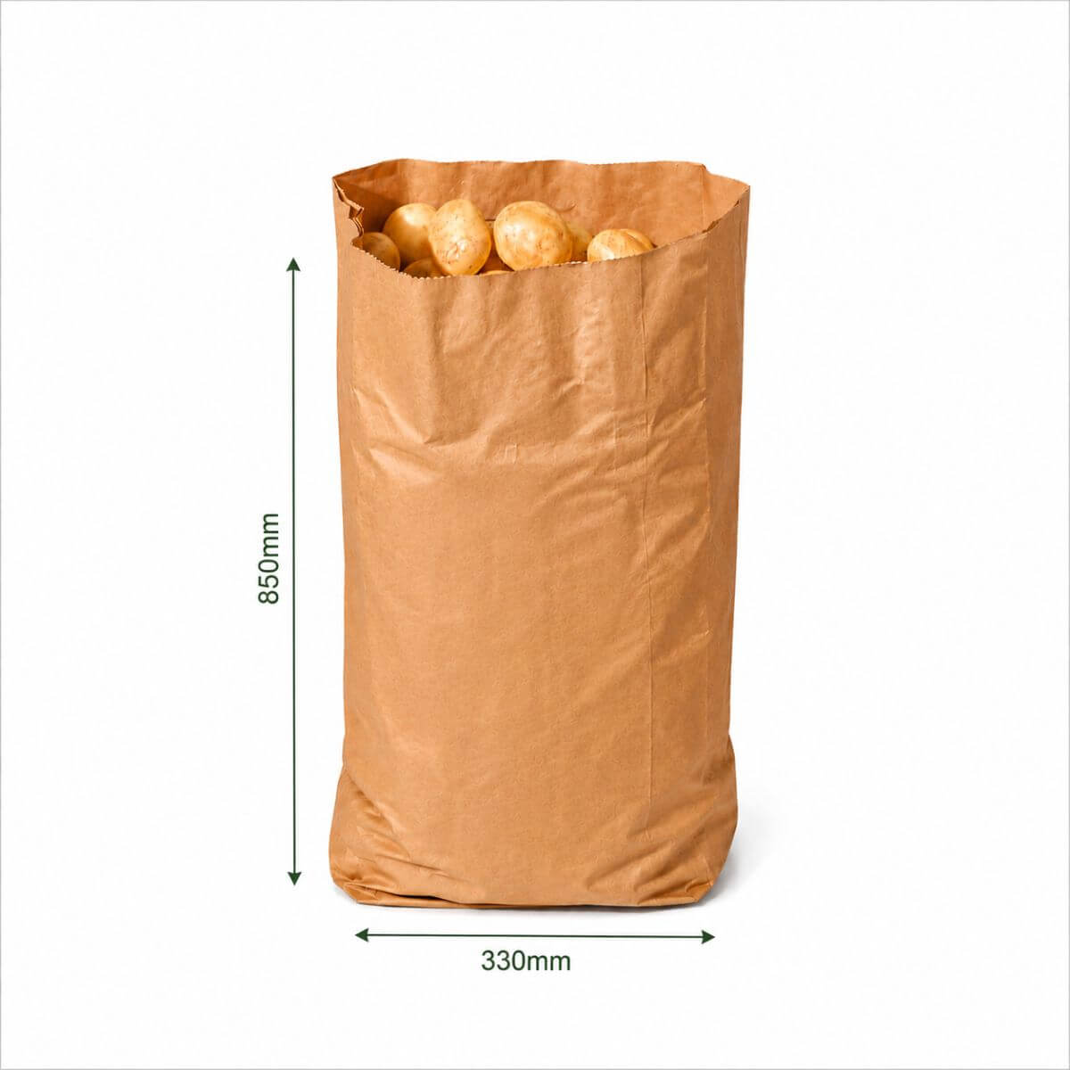 A brown kraft paper bag filled with potatoes, shown on a white background with dimension markers indicating a height of 850mm and a width of 330mm.