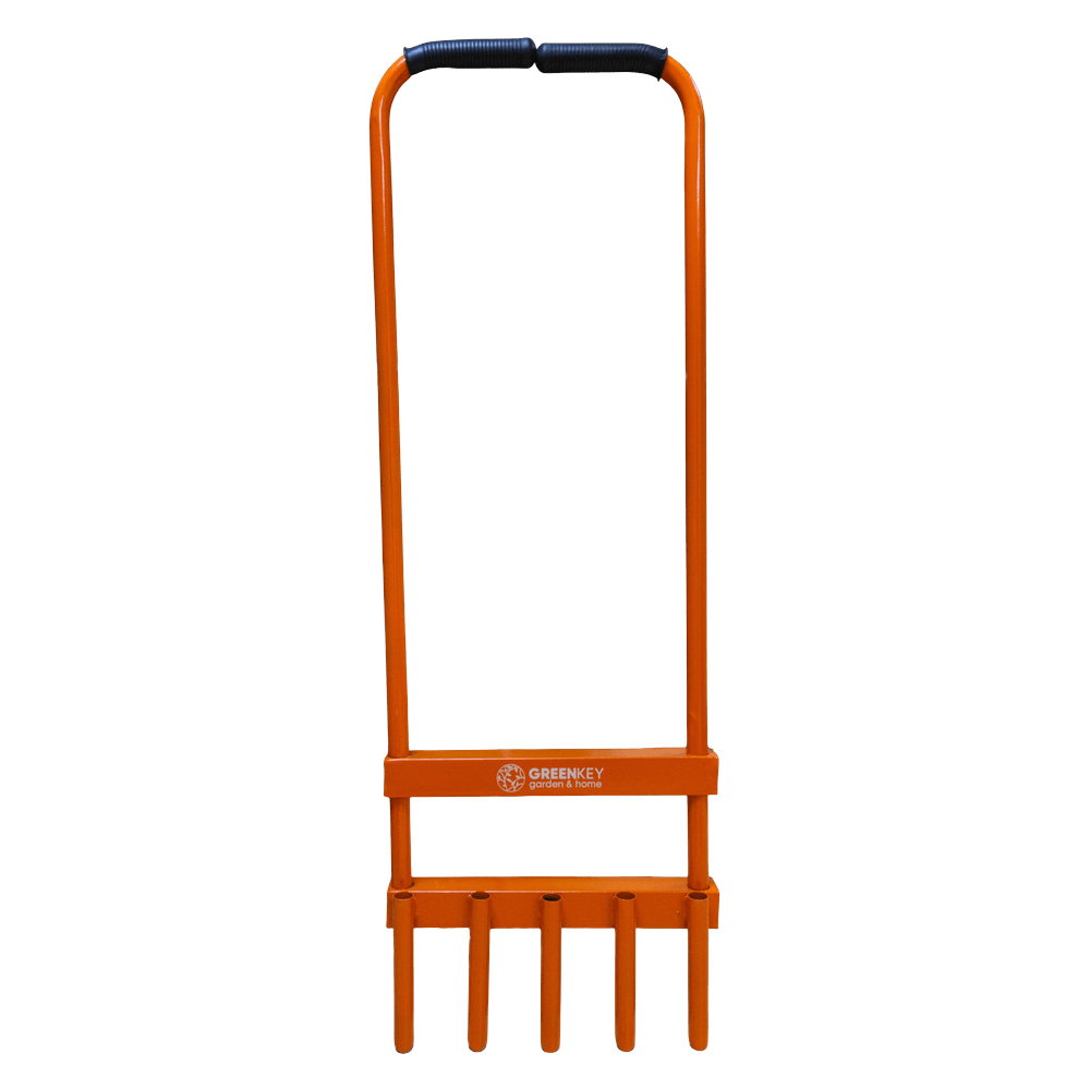 Orange garden rake with a black handle on a white background
