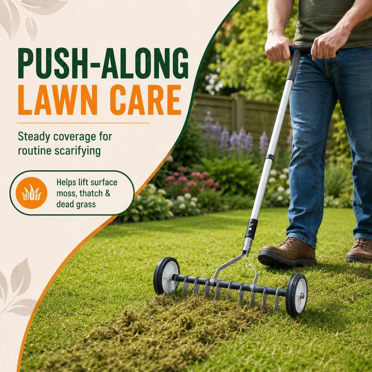 A person in jeans and a green shirt uses a push-along lawn care tool with a metal spiral blade on a green lawn. The left side has a cream-colored graphic panel with the text 'PUSH-ALONG LAWN CARE' and product benefits.
