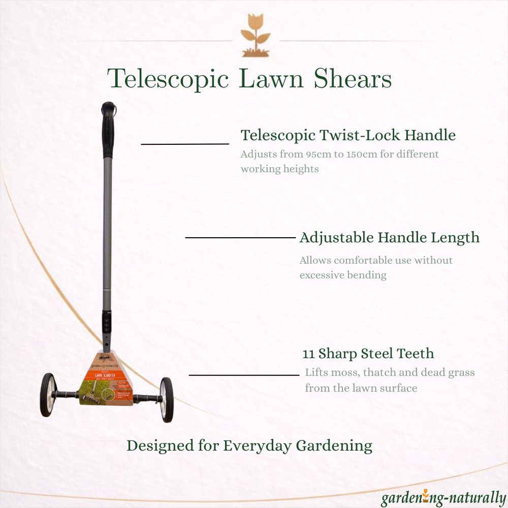 Telescopic lawn shears with handle length adjustment features on a white background