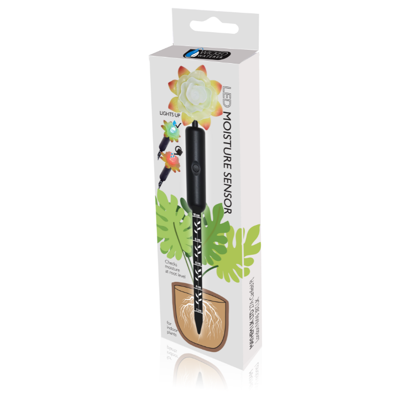 LED moisture sensor packaging with a green and black sensor displayed in front of a white background.